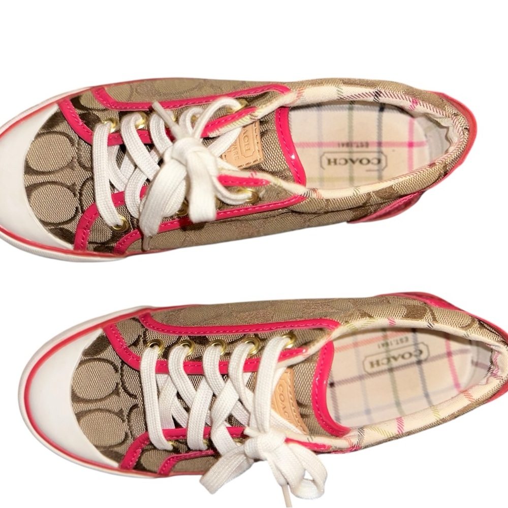Coach “Barrett” Sneakers Brown Signature Canvas Sneakers with Pink Leather Trim - Picture 11 of 16